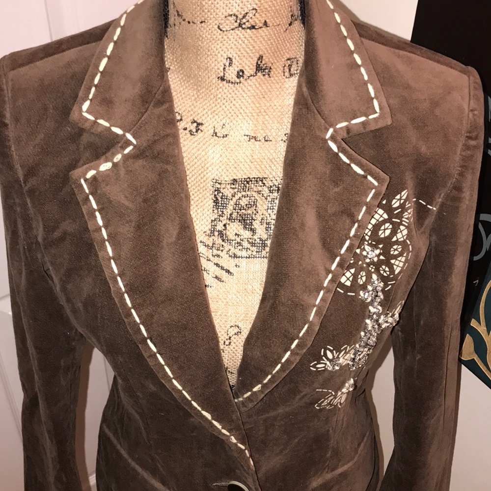 Brown Suede Embroidered Blazer Jacket - Women
